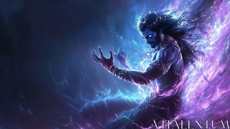 Digital painting of cosmic deity with bioluminescent energy aura.