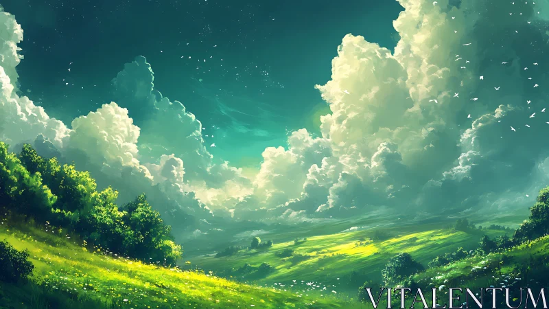 Sunlit hills strolling beneath towering summer clouds.