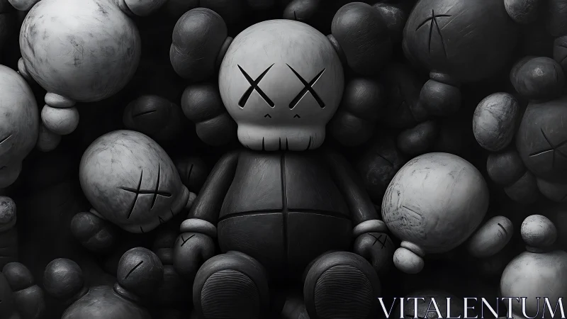 Monochrome vinyl-style skull toys in dense clustered array