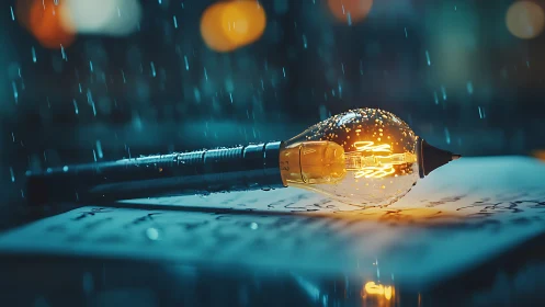 Glowing lightbulb pen sparking cozy ideas in the rain.