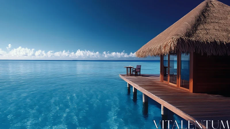 Overwater bungalow deck extending into calm blue ocean waters.