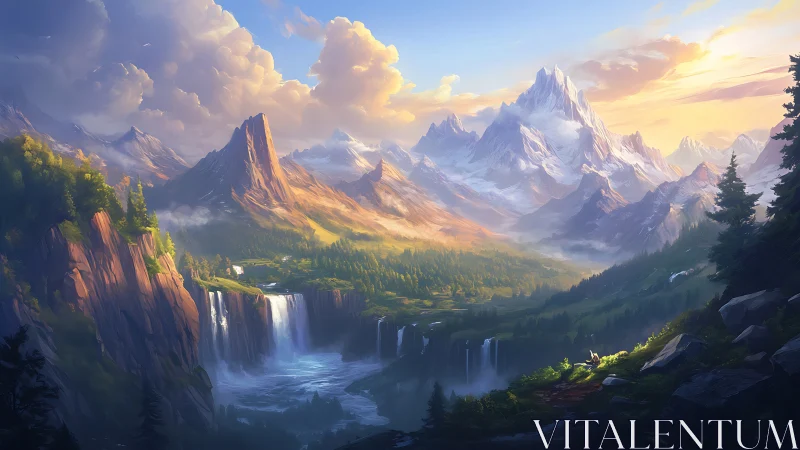 Sunlit alpine valley with grand waterfalls and peaks.