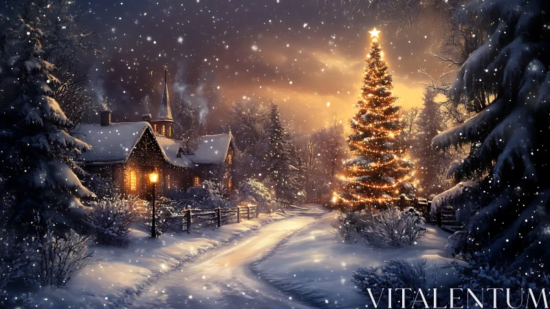 Snow-covered village lane frames illuminated outdoor tree