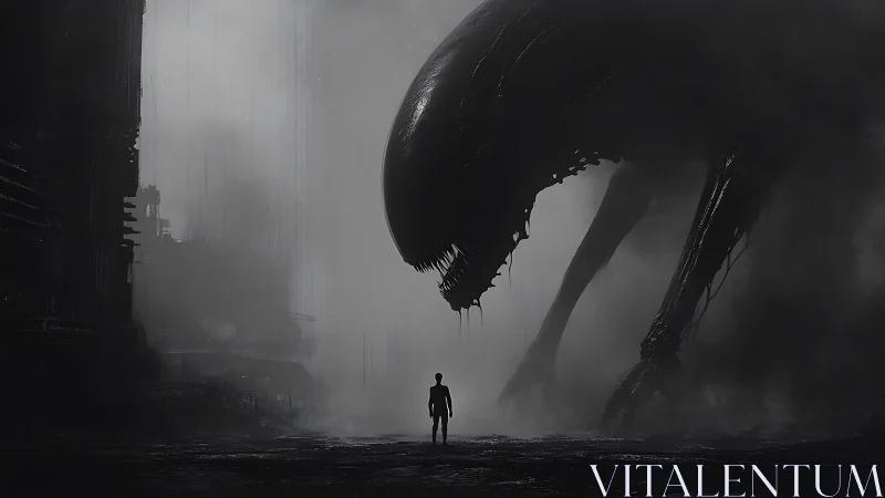 Lone explorer meets towering alien in misty dark ruins