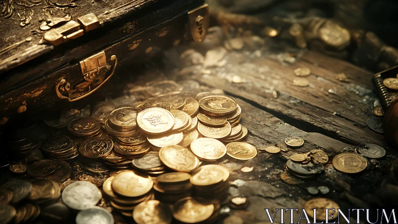 Stacked gold coins spill from ornate chest onto weathered planks