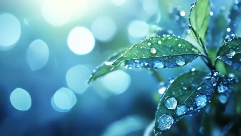 Macro leaves shimmer under cool dewdrops and bokeh light.