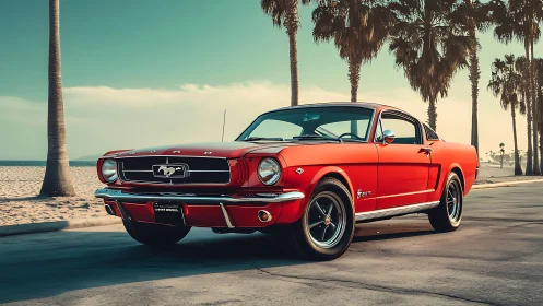 Red classic fastback car parked on sunny beach road.