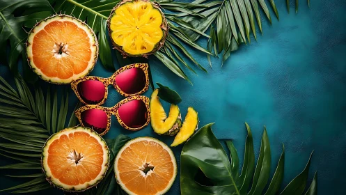 Tropical citrus slices, pineapple and sunglasses on teal.