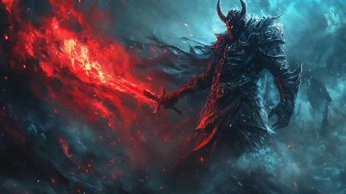 Fiery demon knight strides through swirling blue and red storm