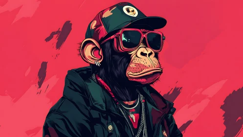 Stylized monkey portrait in streetwear on pink background.