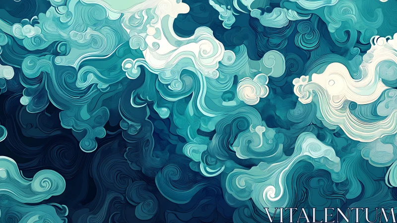 Swirling teal and white abstract waves form layered motion