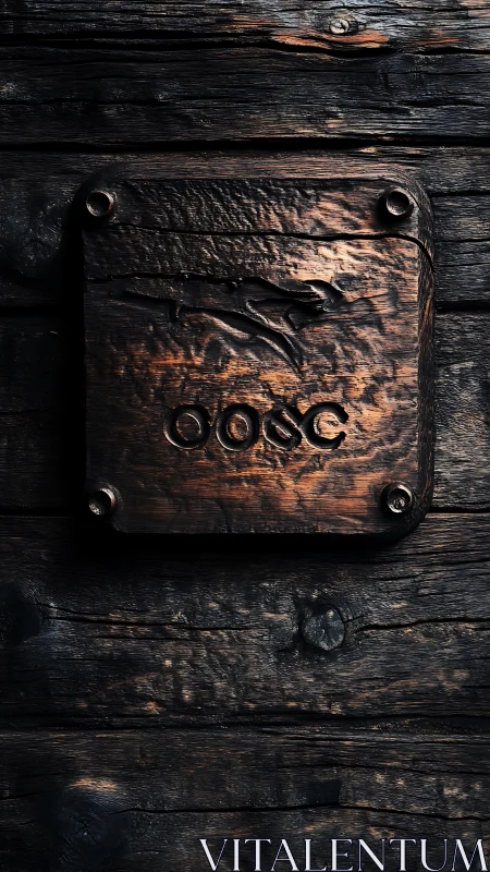 Weathered copper plaque warmly glows on rustic wood wall