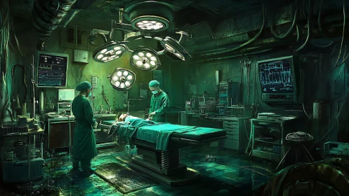 Shadowy cyberpunk surgery room glowing with tense focus.