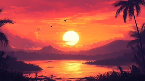 Digital painting tropical sunset with layered silhouettes composition.