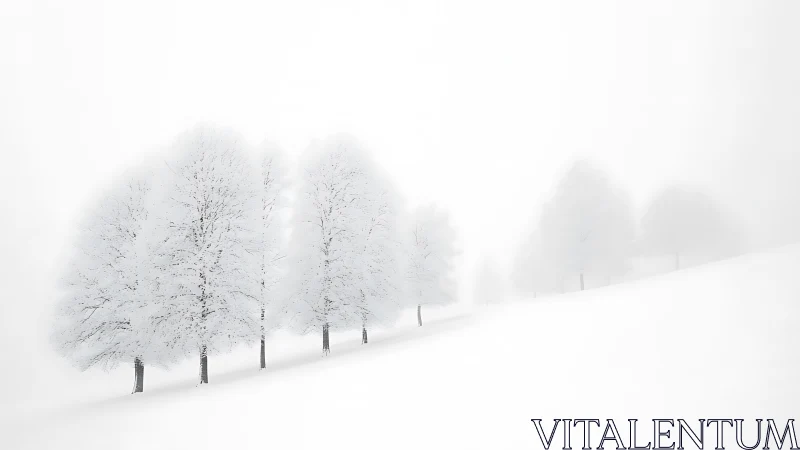 Minimalist winter grove dissolves into high-key atmospheric fog