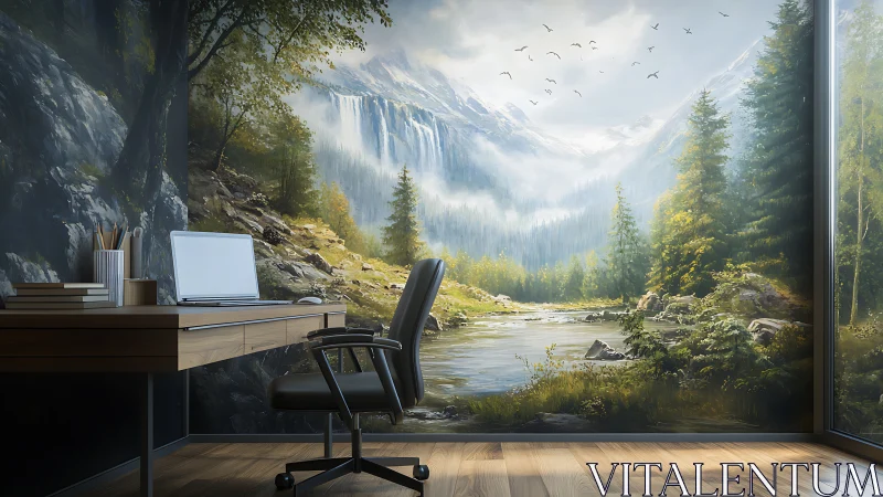 Home office with panoramic mountain river mural wall art.