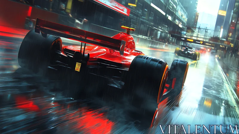 High-downforce F1 car accelerates through rain-soaked neon city circuit
