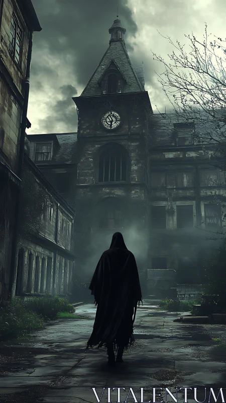 Mysterious cloaked wanderer approaches an eerie clock tower
