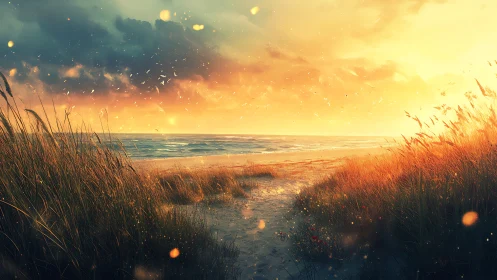Digital sunset dune path with luminous coastal grasses framing.