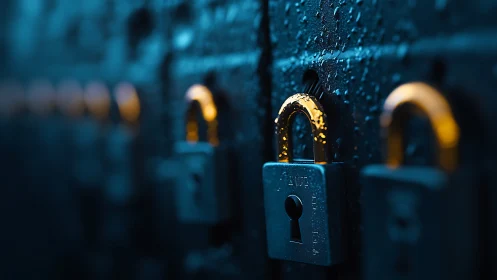 Metal padlocks are aligned on a wet dark surface in focus