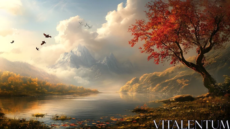 Autumn lake beneath towering misty mountains at sunrise.