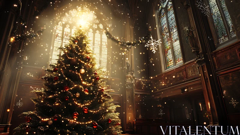 Christmas tree stands illuminated inside ornate church nave
