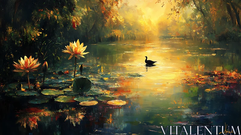 Golden pond sunset with quiet duck and glowing lilies.