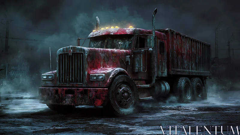 Weathered red semi truck in dark industrial night scene.