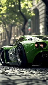 Green sports car on cobblestone street in urban setting.