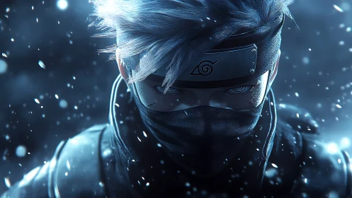 Cold-illuminated masked ninja portrait in blue backlit snowfall