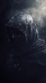 Shrouded hooded figure emerges from swirling shadowed mist.