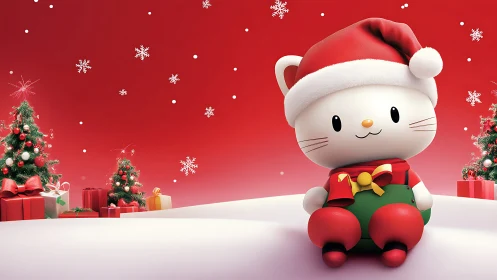 Cute 3D Christmas cat mascot in festive red winter scene