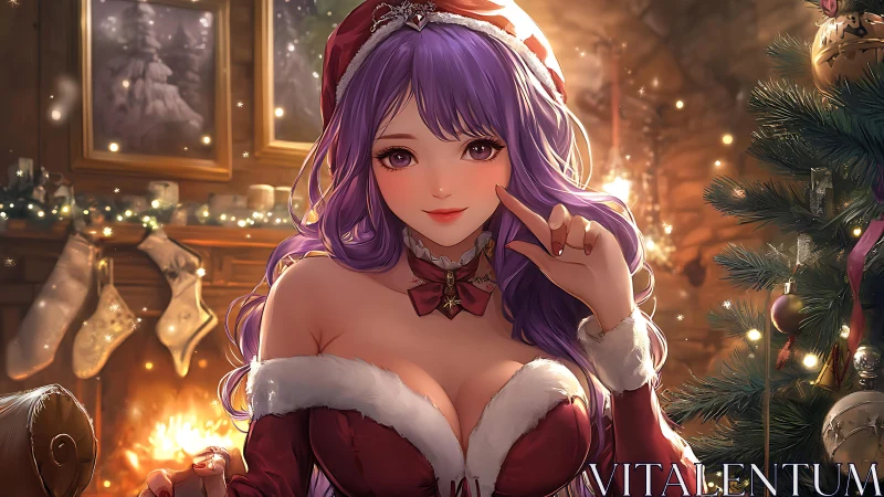 Enchanting purple-haired Santa muse in glowing hearthlight.