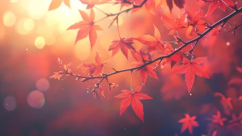 Red maple leaves glow in warm backlit autumn bokeh