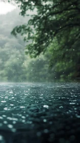 Rainfall ripples over tranquil forest lake surface.