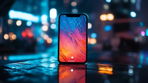 Neon city smartphone with vivid abstract screen glow.