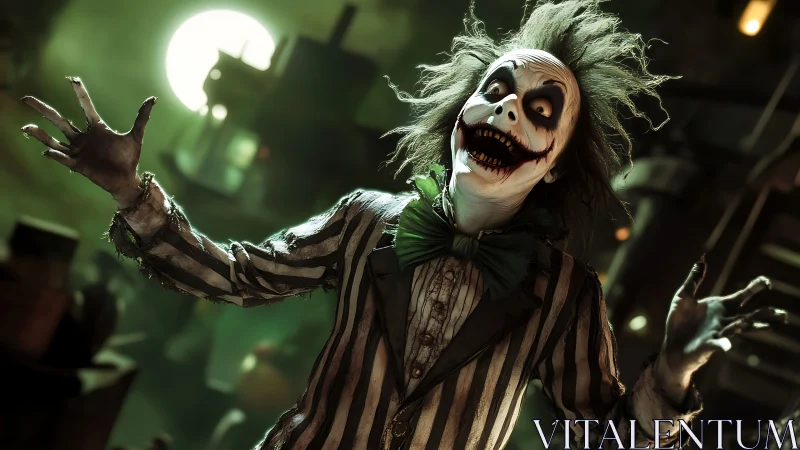 Striped-suit clown figure in eerie industrial setting.