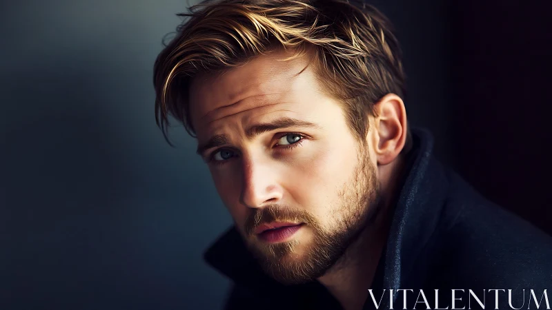 Moody male close-up portrait with soft cinematic lighting.