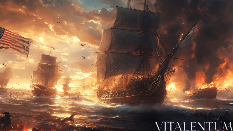 Tall warships charge through blazing sunset seascape.
