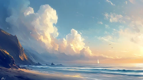 Sunlit clouds rise above tranquil seascape and distant sailboat