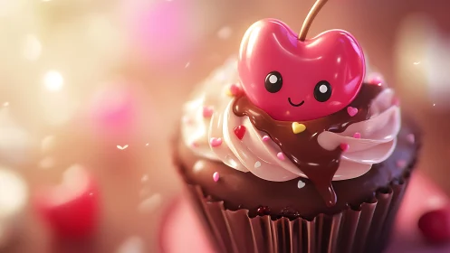 Whimsical Cherry Character Atop Chocolate Cupcake with Gradient Bokeh.