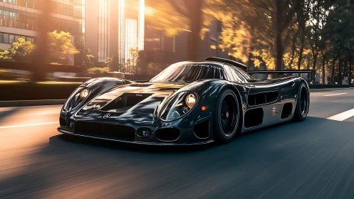 Low-angle render shows black race car moving through city street