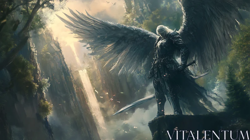 Winged guardian stands watch above a misty fantasy gorge