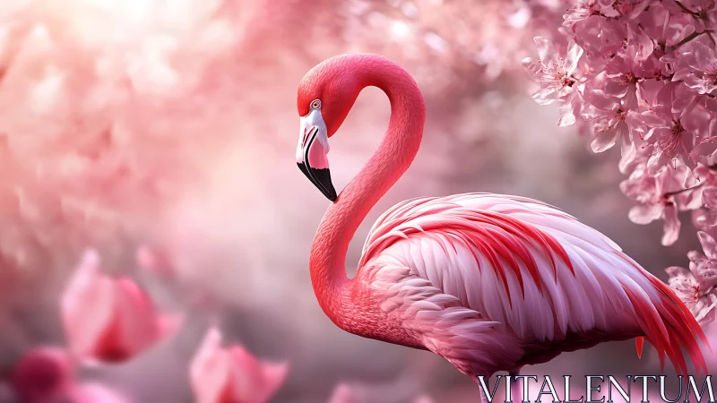 Pink flamingo stands among soft pink blossoms in focus