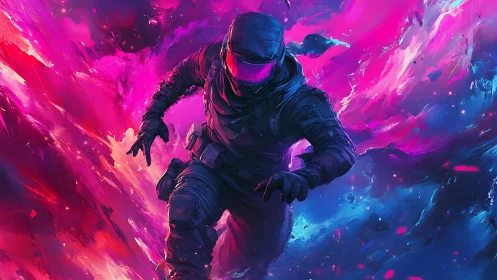 Neon-suited space runner dives into swirling cosmic colors