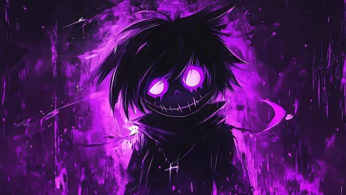 Digital painting of neon-eyed shadow figure in violet haze.