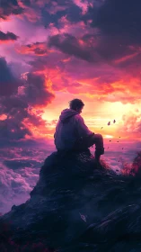 Backlit hiker silhouette observes stratified clouds at neon dusk