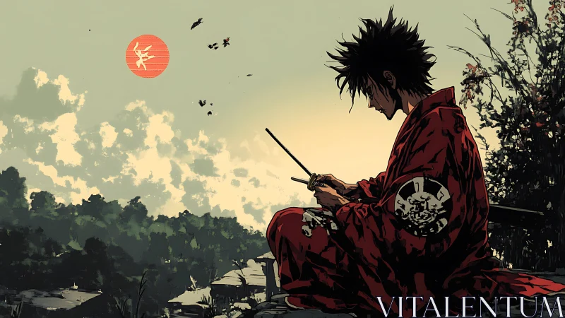 Solitary samurai in red robe under rising warrior sun.