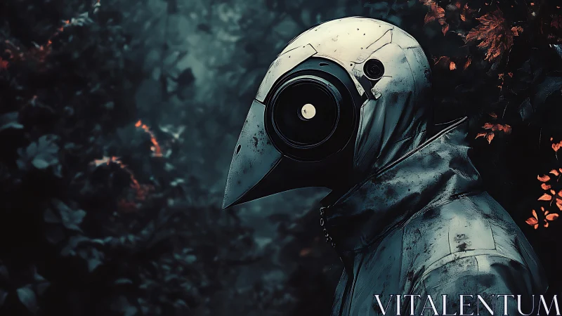 Cybernetic plague doctor stalks a misty, haunted forest