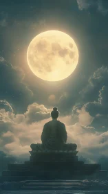 Enlightened Buddha statue contemplates a luminous full moon.